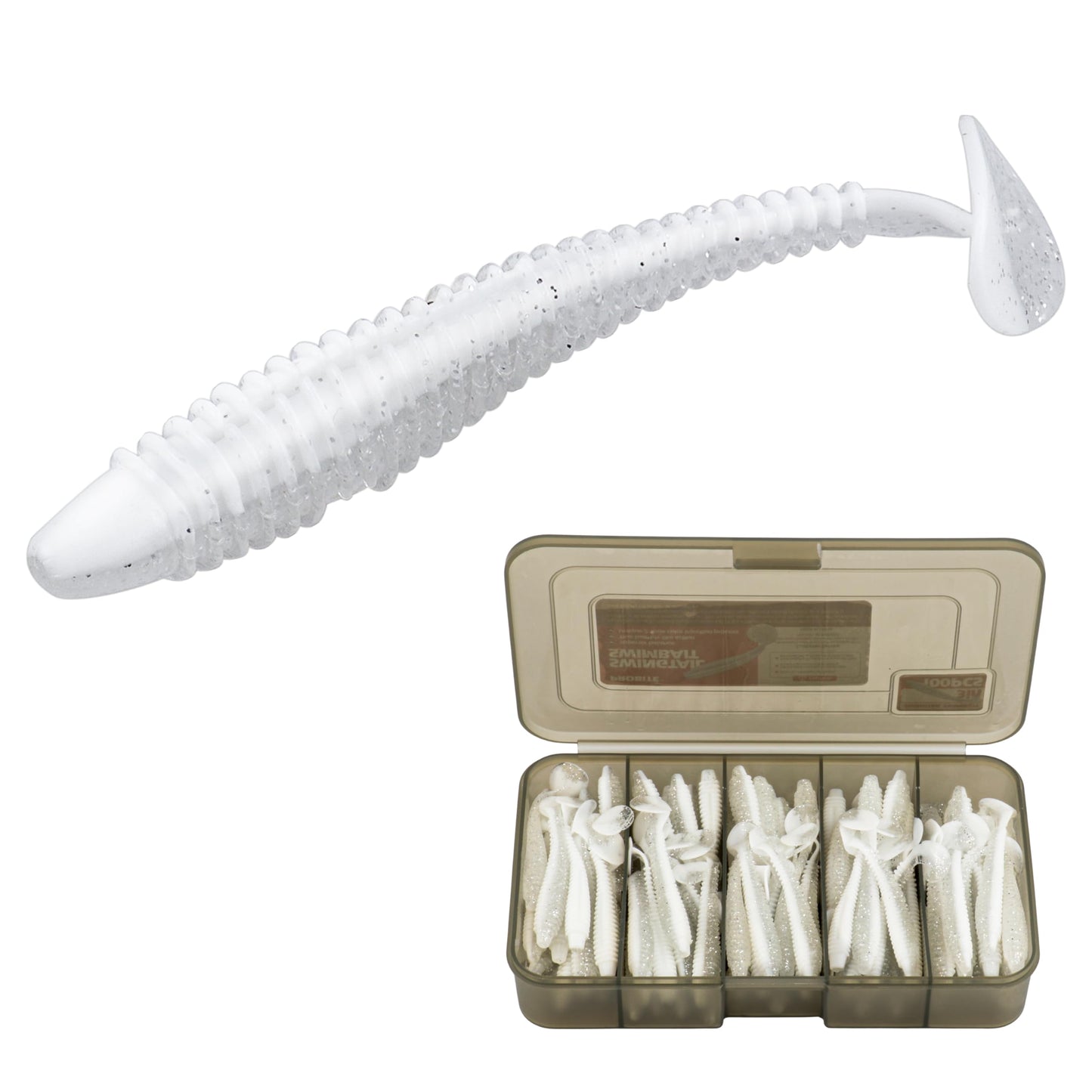 100pcs Swimbaits Paddle Bulk Lure Kit, Soft Fishing Lures for Bass Trout Crappie, Durable Swimmer for Saltwater/Freshwater（Silvery White, 3in）