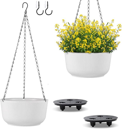 Set of 2 11 Inch White Self Watering Hanging Planters for Indoor Outdoor Plants, Thickened Hanging Flower Pots with Drainage Hole & Plug and 20" Chain Hanger