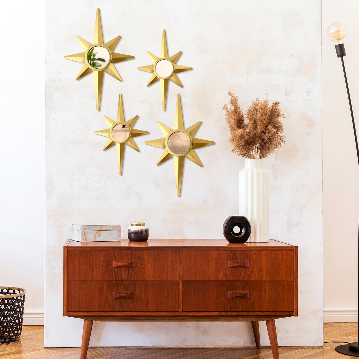 Blulu 4 Pcs Metal Starburst Wall Mirrors Decor 8 Pointed Gold Atomic Stars Hangings Mid Century Modern Elegance Accents Easy Installation Finish Metal Mirrors for Home Office Room