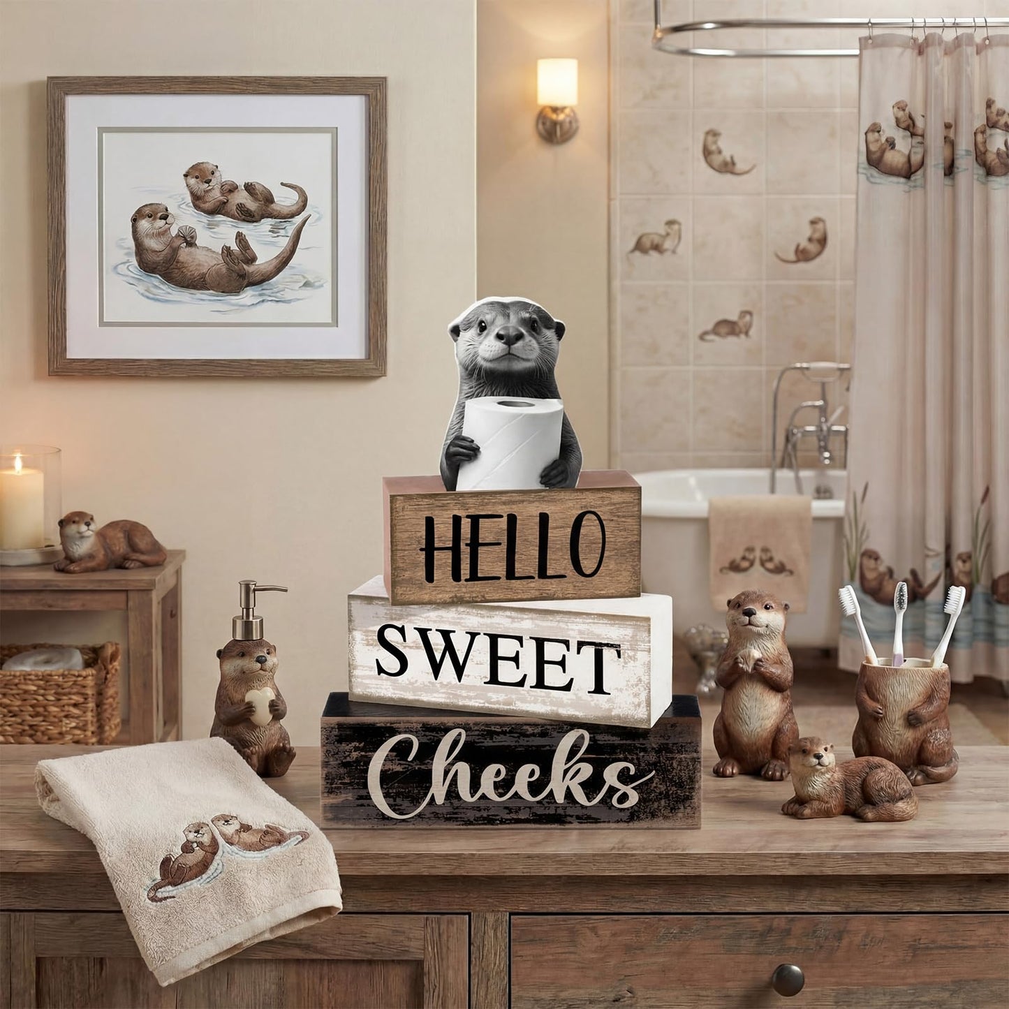 Moucuny 4 Pcs Otter Bathroom Decor Set Farmhouse Bathroom Decor and Accessories Rustic Hello Sweet Cheeks Wooden Blocks Signs with Toilet Paper Funny Toilet Shelf Decoration for Home Office Half Bath