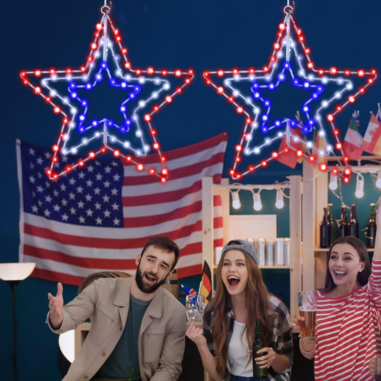 DANLI 4th of July Lights 14.2'' 110 LED Red White Blue Rotatable Iron Frame 3 in 1 Star Lights,8 Modes USB Window Silhouette Lights for Indoor Outdoor Decor(2 Packs)