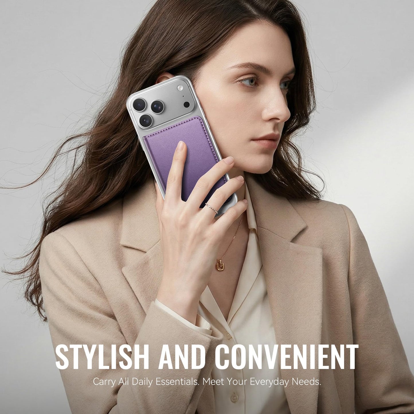 XIMAND Magnetic Wallet Card Holder with RFID Protection, PU Leather Slim Wallet, Strong Magnet Attachment for iPhone 18/17/16/15/14/13/12 Series Pro Max Plus Mini-Purple