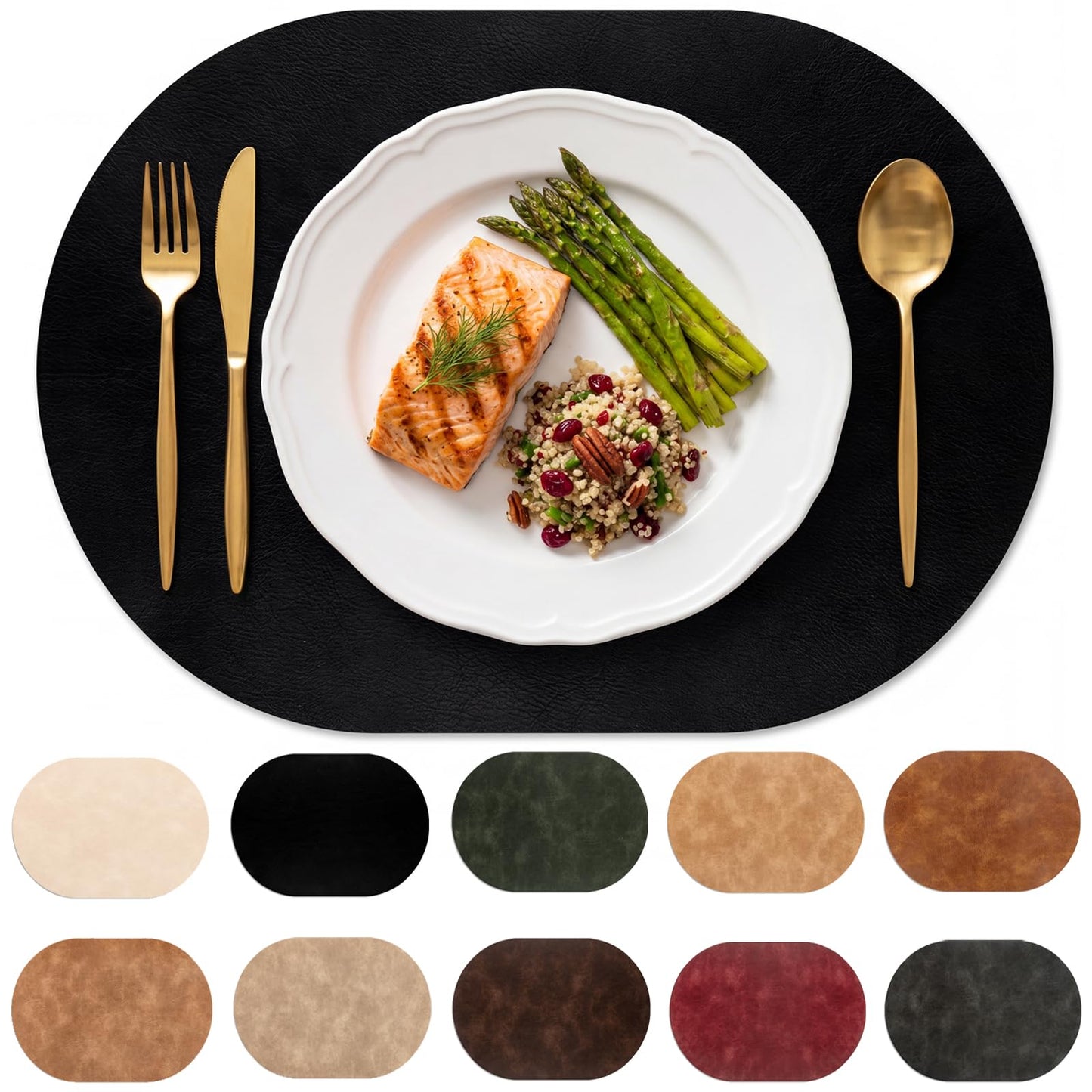 BIPASION Oval Placemats 2mm Ultra Thick Faux Leather Table Mats, Heat Resistant Waterproof Wipeable Dining Mats for Kitchen Table, Set of 8, Black