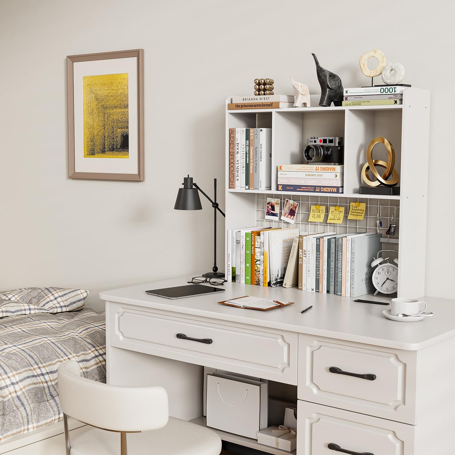 FNBAR Desktop Bookshelf,Countertop Storage Hutch with 3 Shelves for Computer Desk，2-Tier Display Rack with Grid Panel, Multipurpose Wood Desk Hutch Storage Organizer for Home Office Dorm (White)