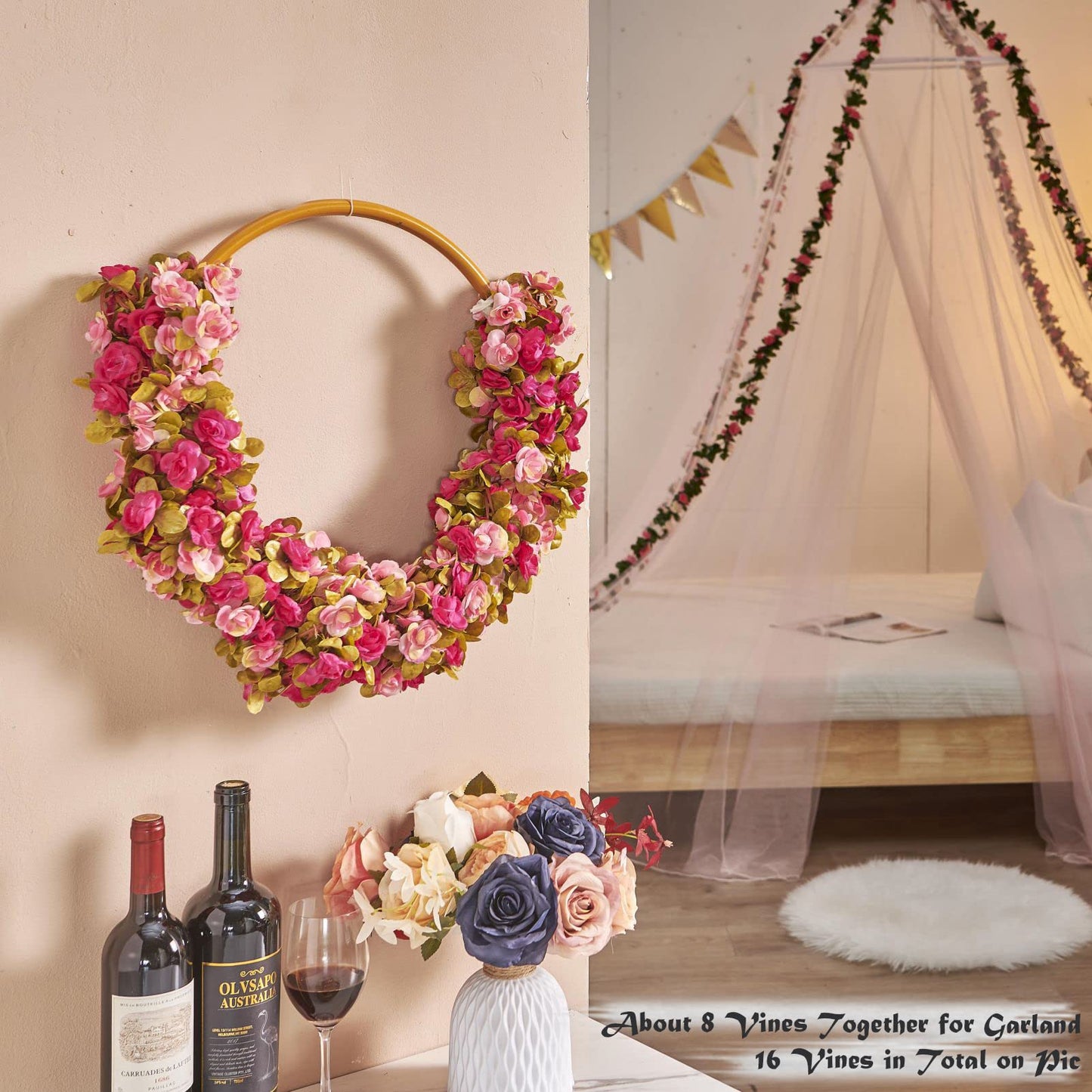 PONKING 8 Pcs x 8.2 ft Flower Garland Artificial Rose Vine Flowers with Green Leaves Hanging Fake Roses Vine for Room Party Home Wedding Birthday Christmas Wall Arch Decor, Fall Purple Flower