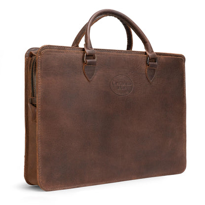 Littlefield & Co., Classic Portfolio Document Holder with Handles, Padfolio with Zipper Closure, Rustic Briefcase, Full Grain Leather, Handmade, Bourbon Brown