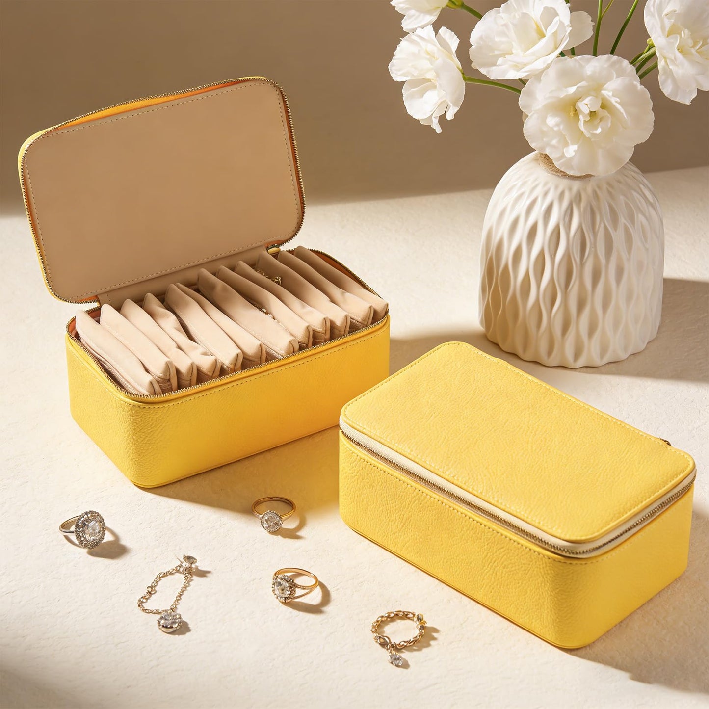 Yaliang Travel Jewelry Organizer, Travel Jewelry Box with 12 Velvet Zipped Pouches Bags for Jewelries Necklaces Rings Earrings Sorting Storage for Women Girl Gifts, Butter Yellow