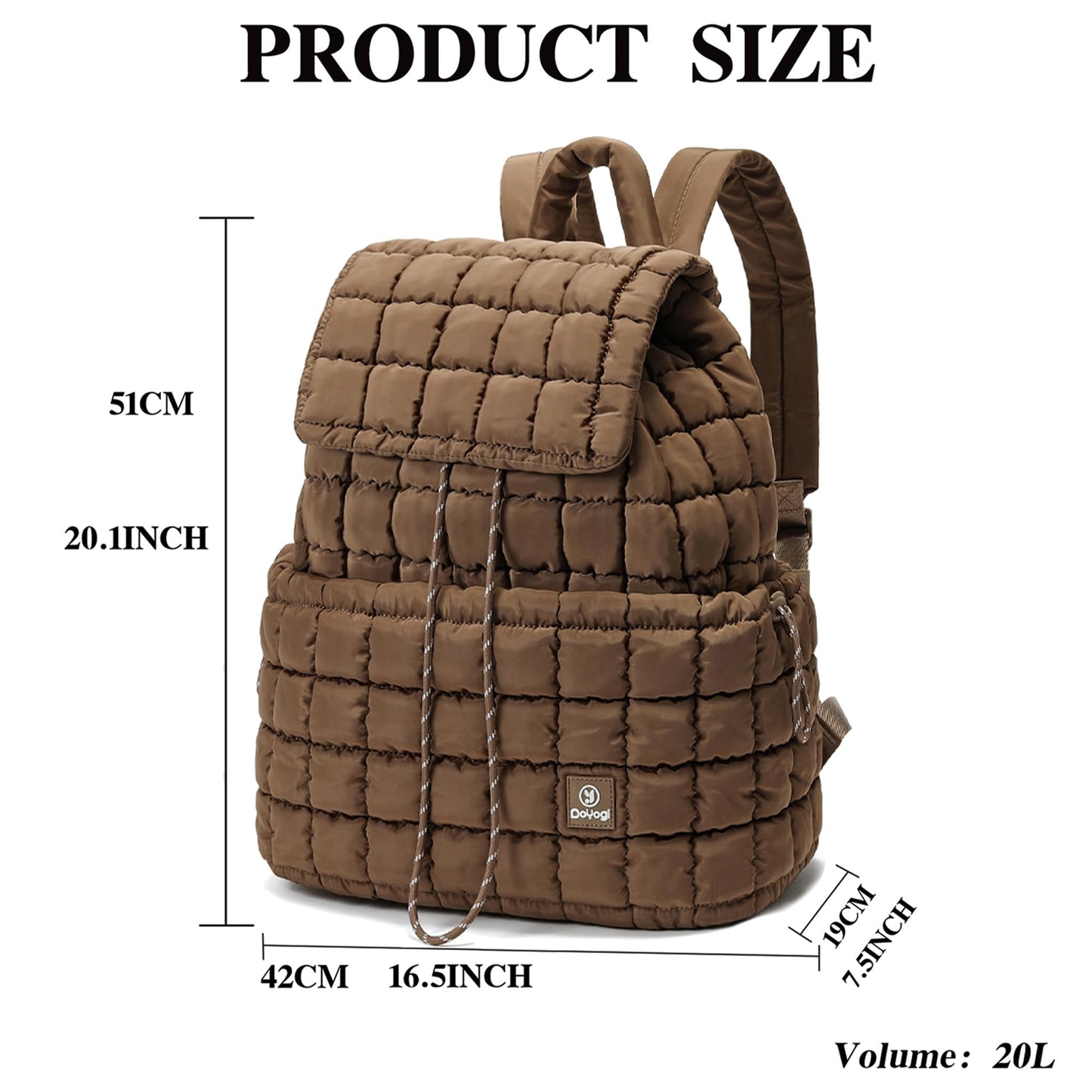 DOYOGI Quilted Backpack for Women, Lightweight Travel Gym Bag, Hiker Pack Drawstring Padding Backpacks, Puffer Travel Bag for Casual Daypack(Brown)
