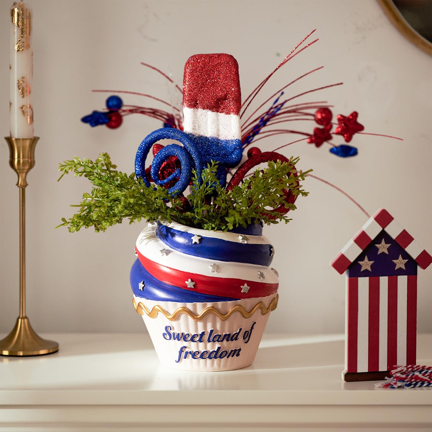 WDS WONDROUS 4th of July Centerpiece for Tables Red White and Blue Patriotic Flowers Decorations with Cupcake Vase, Resin Vase Shiny Popsicle Star Flowers for Independence Day Summer Memorial Day