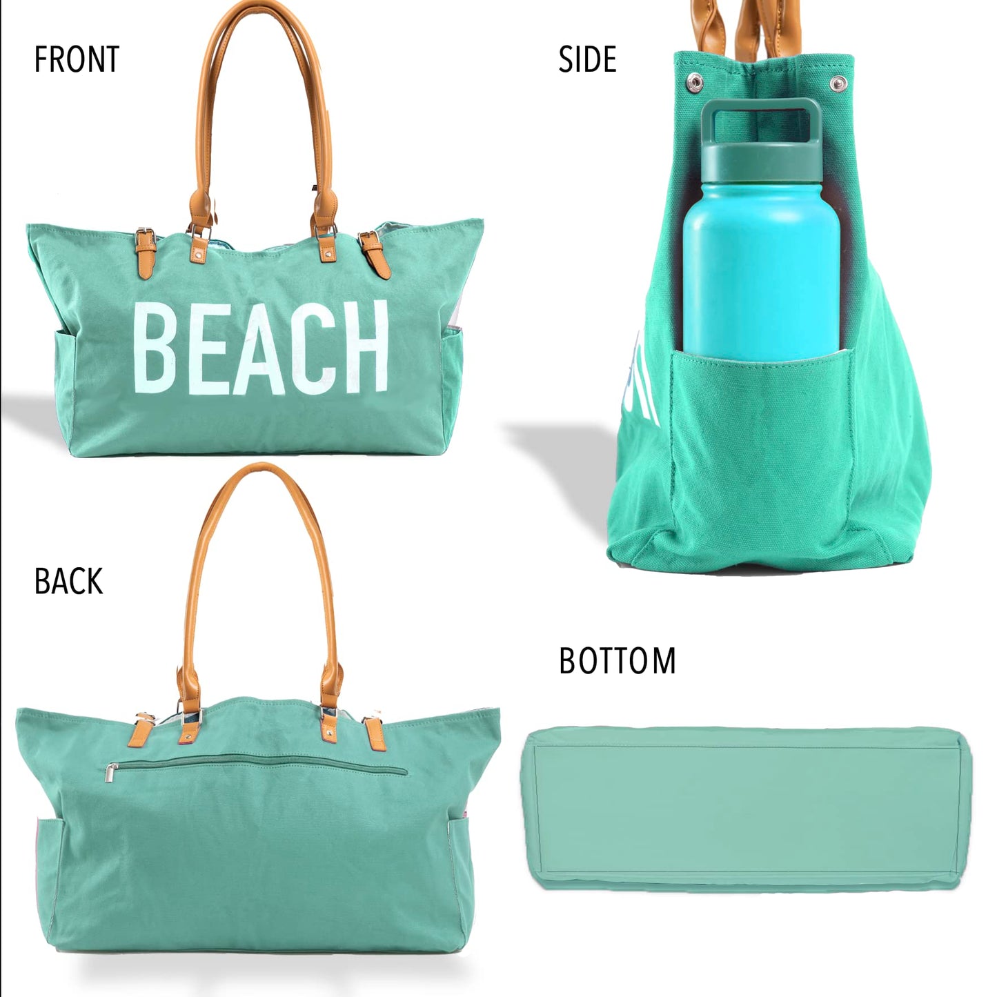 Keho Women's Fashion Trendy Beach Bag – Vegan Leather Handles, Pockets, & Waterproof/Sandproof Design - (Green)