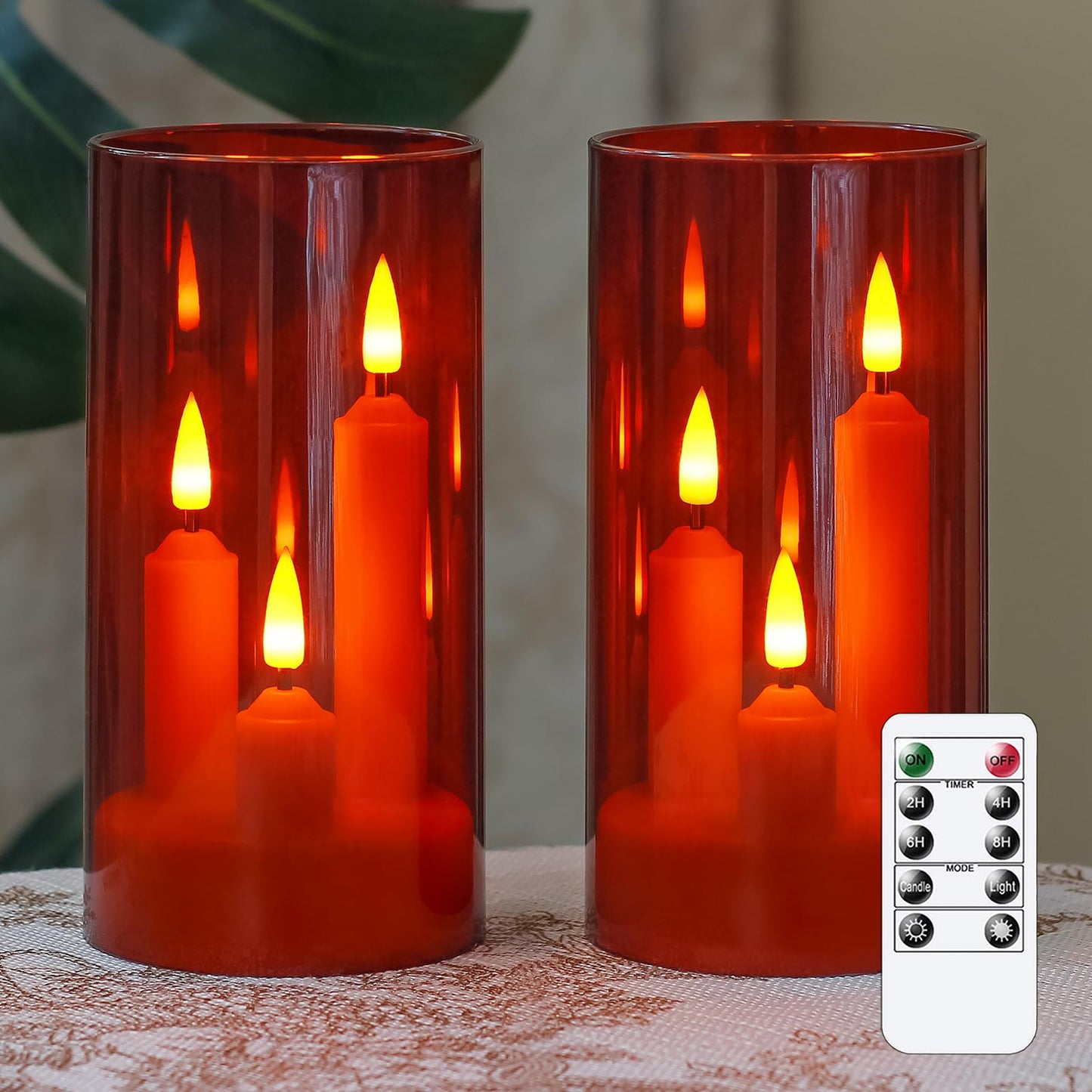 Zevanor 3 in 1 Flameless Taper Short Candles with 10 Key Remote Control and Timer, Battery Operated Pack of 2 LED Acrylic 3" x6" Red Pillar Flickering Warm Light