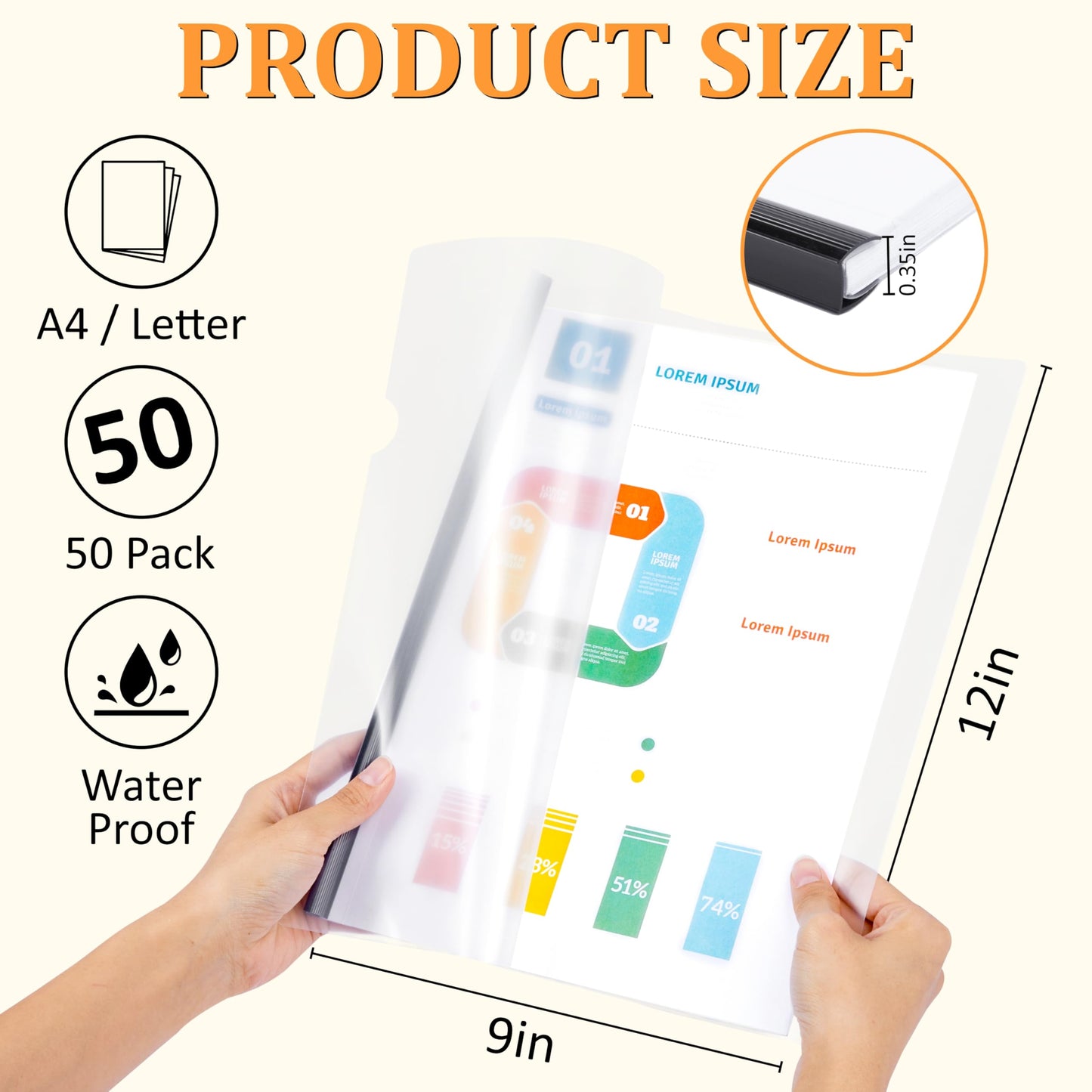 50 Pack Report Covers with Sliding Bar - Clear Plastic Presentation Folders for A4 & Letter Size Paper, 70 Sheet Capacity File Document Binder for School, Office, Resume & Business Use