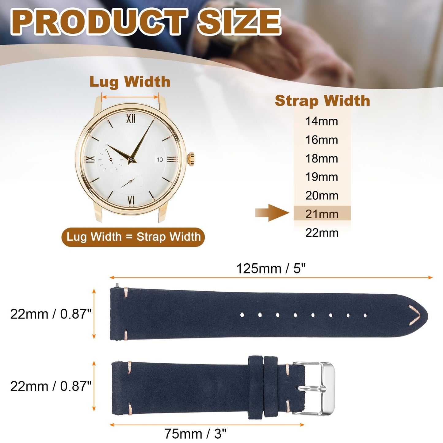 HARFINGTON Leather Watch Band 21mm Width Watch Strap Top-Grain Suede Cowhide Wrist Bands Replacement with Stainless Steel Buckle for Men Women, Dark Blue