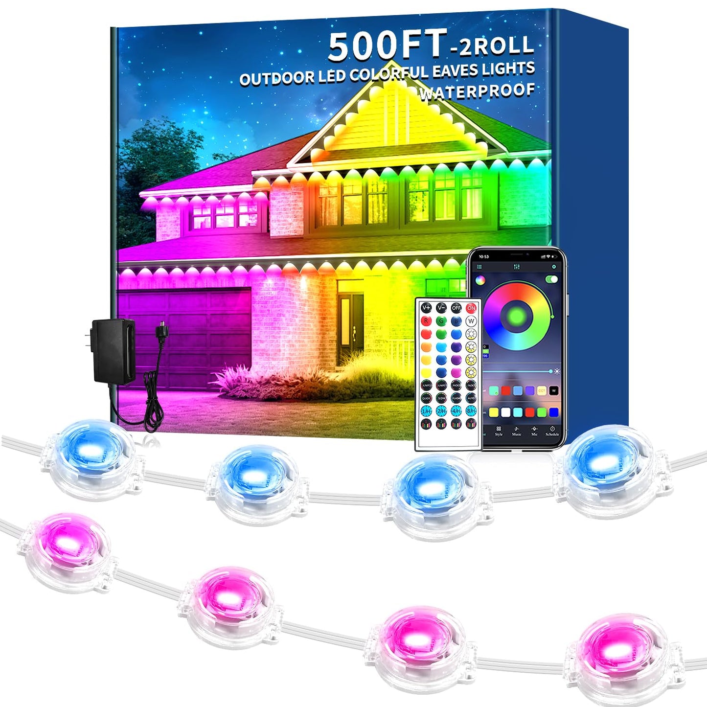 Rroetxi 500FT Permanent Outdoor Light, IP67 Waterproof LED Eaves Light, App/Remote Control Christmas Lights, Suitable for House，Patio Decor Garden Party Festival Decoration (2 Rolls, 250 FT)