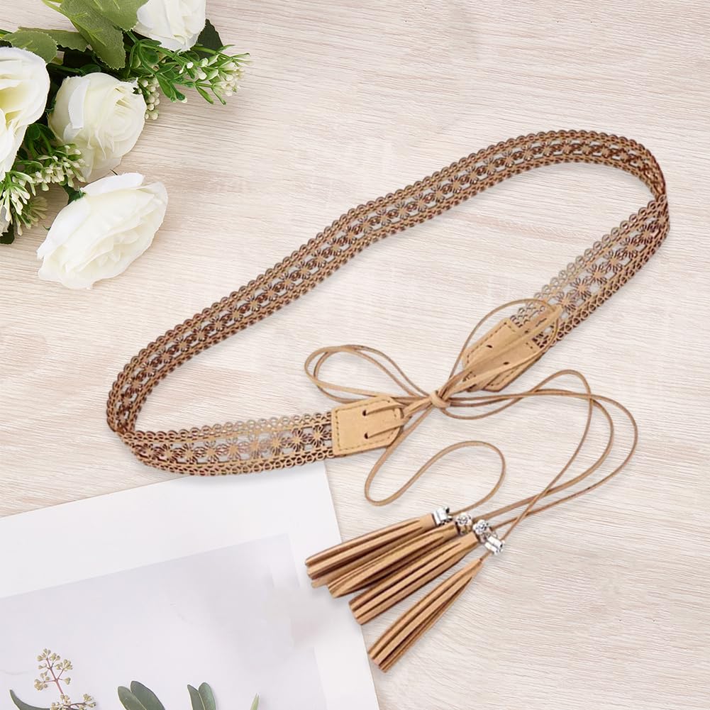 CALFOVERA Woven Knotted Waist Belt PU Leather Boho Tassel Waistband 66.54 x 1.12 Inch Vintage Bohemian Hollow Belt with Wax Rope Western Ethnic Macrame Waistband for Women Dress Skirt (Bisque)