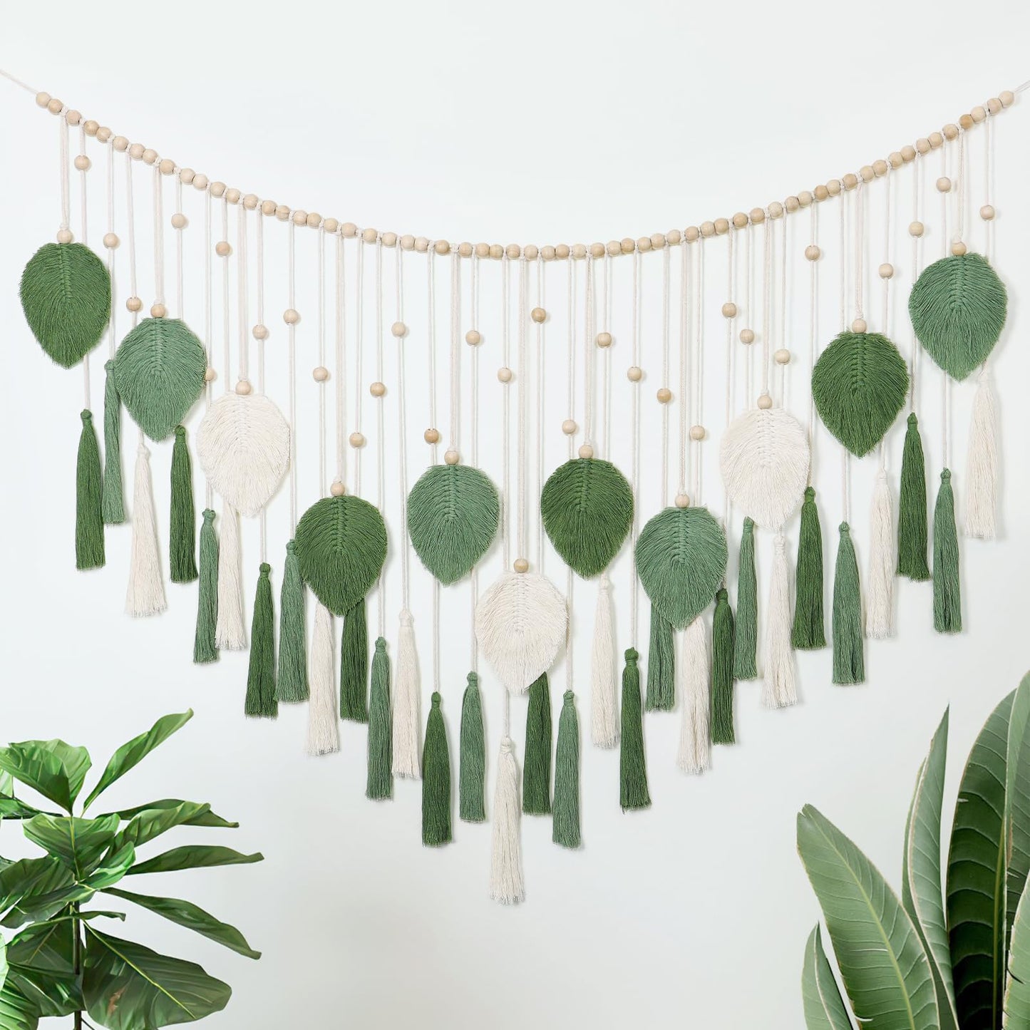 Betylifoy Large Macrame Wall Hanging Boho Handmade Woven Tapestry with Wood Beads Beige Green Chic Leaf Feather Boho Wall Art Decor Macrame Tapestry Wall Decor for Bedroom Living Room Nursery Apartment 51.2"W X 31.5"L