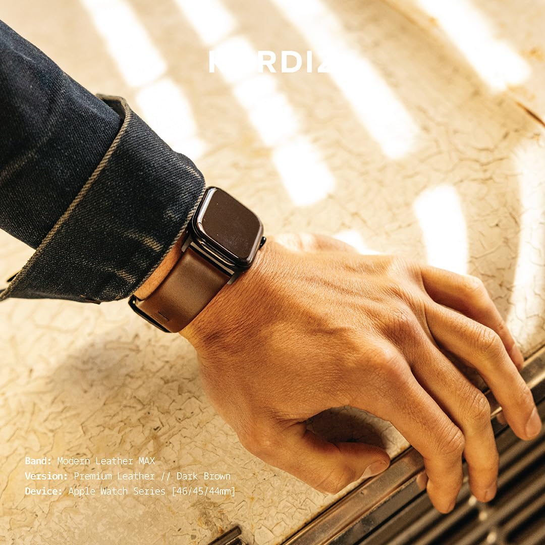 KORDIZ Modern Leather MAX Band for Apple Watch Series 11 10 9 8 7 6 5 & SE3 SE2 SE [46/45/44mm] – Premium Full-Grain Leather Strap for Men, Rugged Modern Design, Stainless Steel Buckle, Comfortable Everyday Fit – 26mm Wide Leather Band (46/45/44mm | Dark