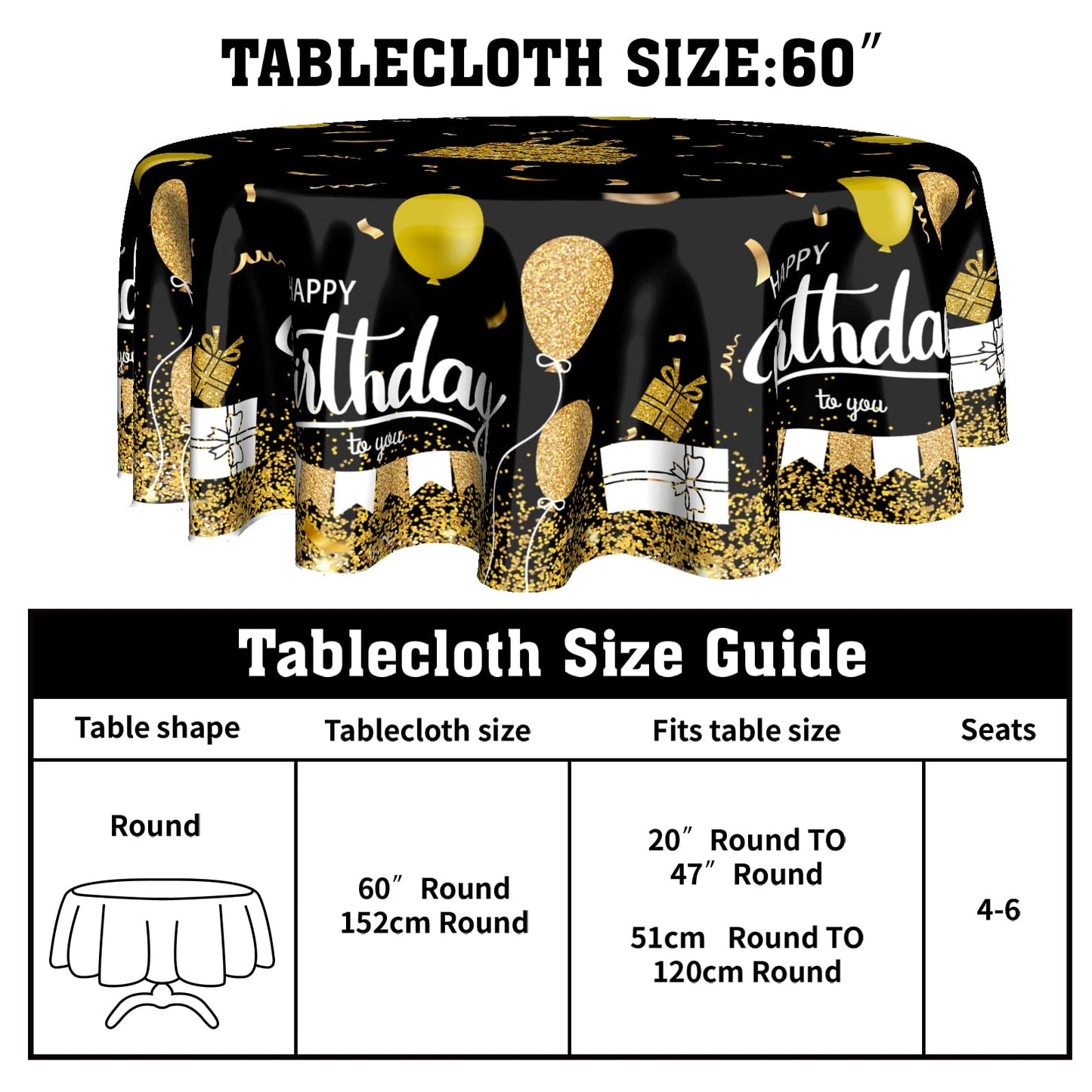 Giwawa Happy Birthday Round Tablecloth 60" Black Gold Birthday Cake Confetti Flags Balloons Gifts Decorative Circle Table Cloth Cover Stain & Wrinkle Resistant for Dining Room Kitchen Indoor Outdoor