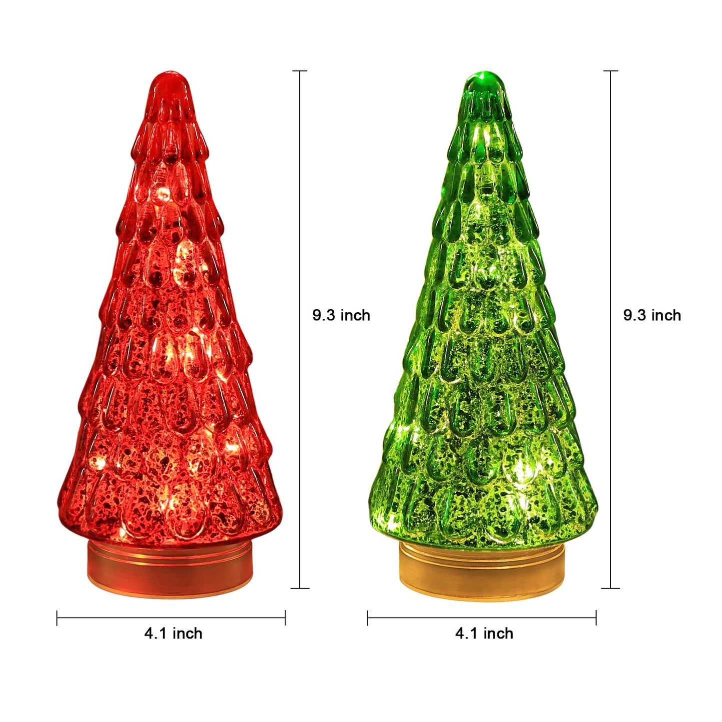 PHITRIC Christmas Decorations Indoor, 2 PCS Sparkling Glass Christmas Tree Table Centerpieces Decor with LED Lights and Timer, Xmas Tree Decorations for Home, Mantel, Shelf, Tabletop (Red & Green)