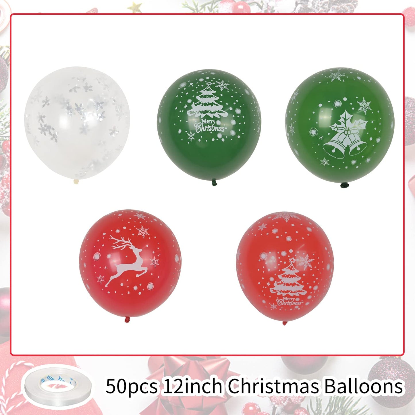 50pcs Red Green Latex Balloons with Christmas Bell Elk Tree Printing Snowflake Confetti for Christmas Party Decorations New Year Holiday Xmas Supplies