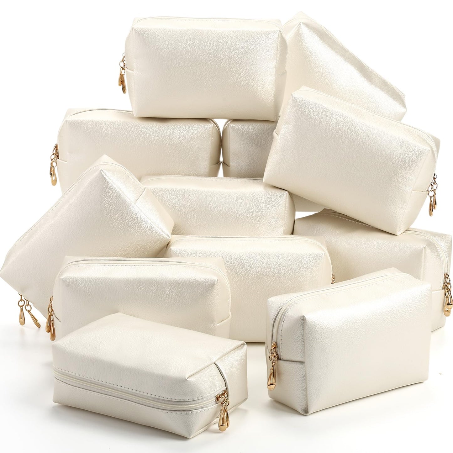 Kigeli 12 Pcs PU Leather Makeup Bag Bulk Small White Preppy Cosmetic Pouch with Zipper Wedding Bridesmaid Gift Waterproof Mini Toiletry Bag for Purse, Aesthetic Travel Organizer for Girls Women