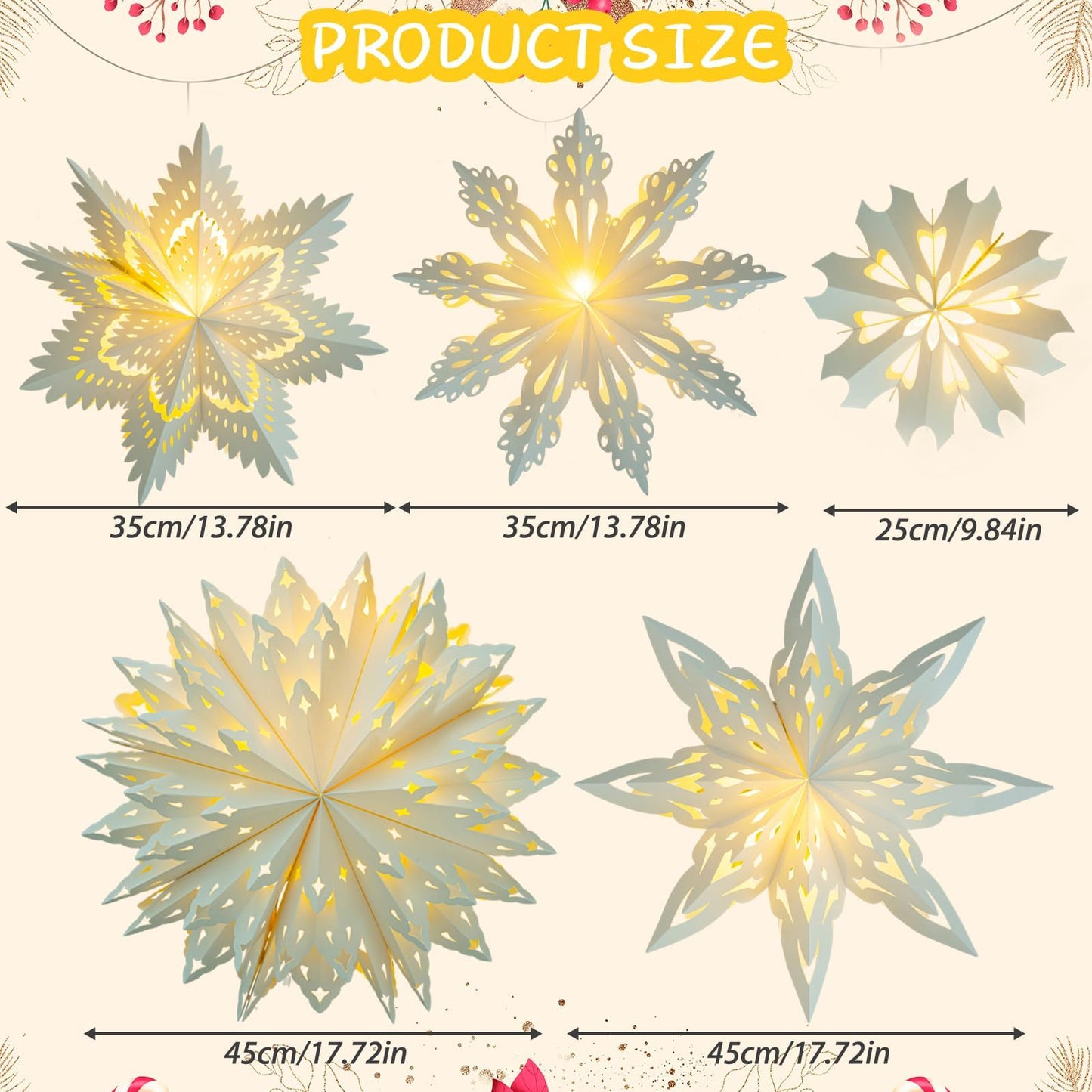 5 Pack Christmas Paper Snowflake Lanterns, Christmas Paper Star Lantern with LED Light White Hanging Lamp Ornaments for Xmas Tree New Year Winter Frozen Weddings Birthday Holiday Party Decorations