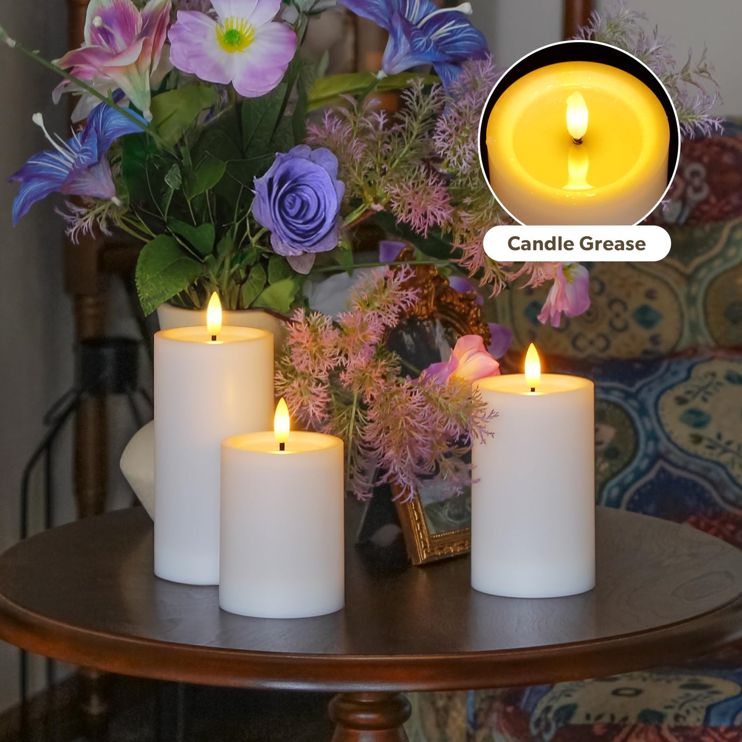 Yeelida Outdoor 4pcs Flameless Waterproof Candles with Handy Remote Control, Cycle Timer Battery Operated Candle Grease Effect LED Flickering Pillar Plastic Long Lasting (White, 3" x4" 5" 6" 7")
