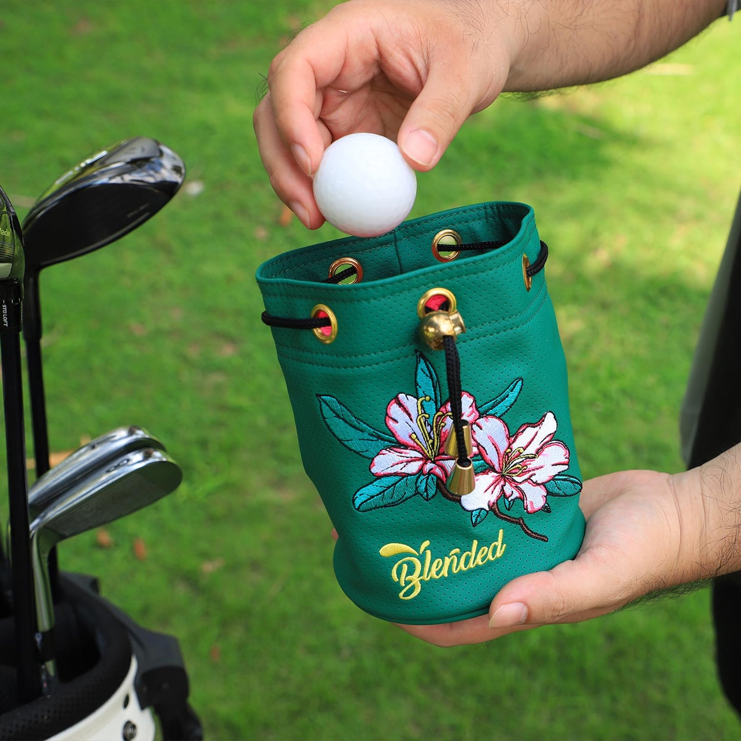 BAIRBRE Golf Valuables Pouch,Bucket Waist Design Golf Pouch Bag Azalea Embroidery Tee Bag with Drawstrings Leather for Men Women