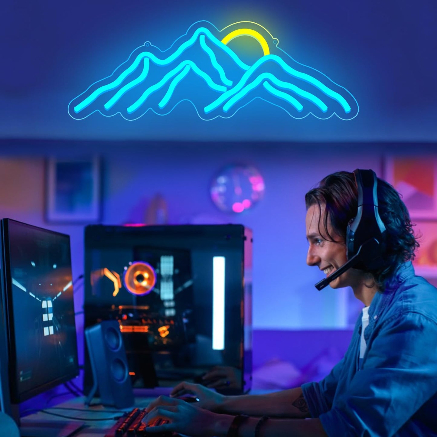 Mountain Sunset Neon Signs for Room Decor LED Signs For Bedroom Wall Neon Lights for Home Party Wedding Christmas Decorations USB Powered(Ice Blue)