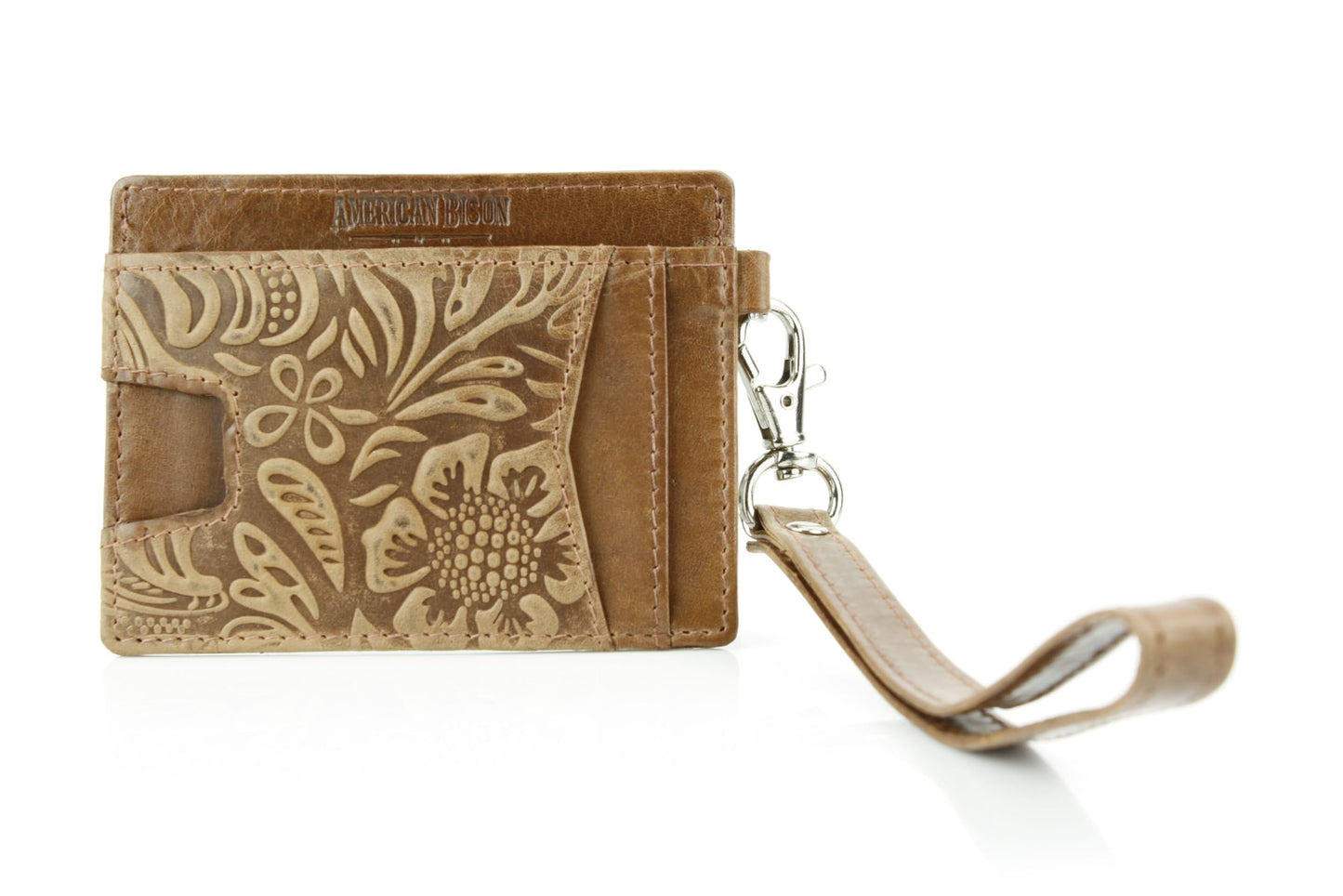 American Bison Embossed Floral Wristlet Wallet for Women – Small ID Card Holder with Credit Card Slots & Pull Tab Organizer – Compact Leather Wrist Strap Clutch (Tan)