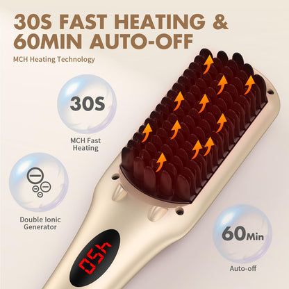Enhanced Ceramic Hair Straightener Brush by MiroPure, 2-in-1 Ionic Straightening Brush with Anti-Scald Feature, Auto Temperature Lock & Auto-Off Function (Black)