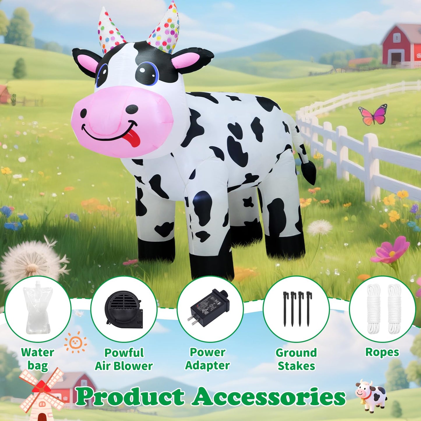 4FT Christmas Spring Farm Ranch Inflatable Cute Farm Cow Blow up Decoration with LED Light Outdoor Indoor Yard Graden Lawn Party Holiday Decor