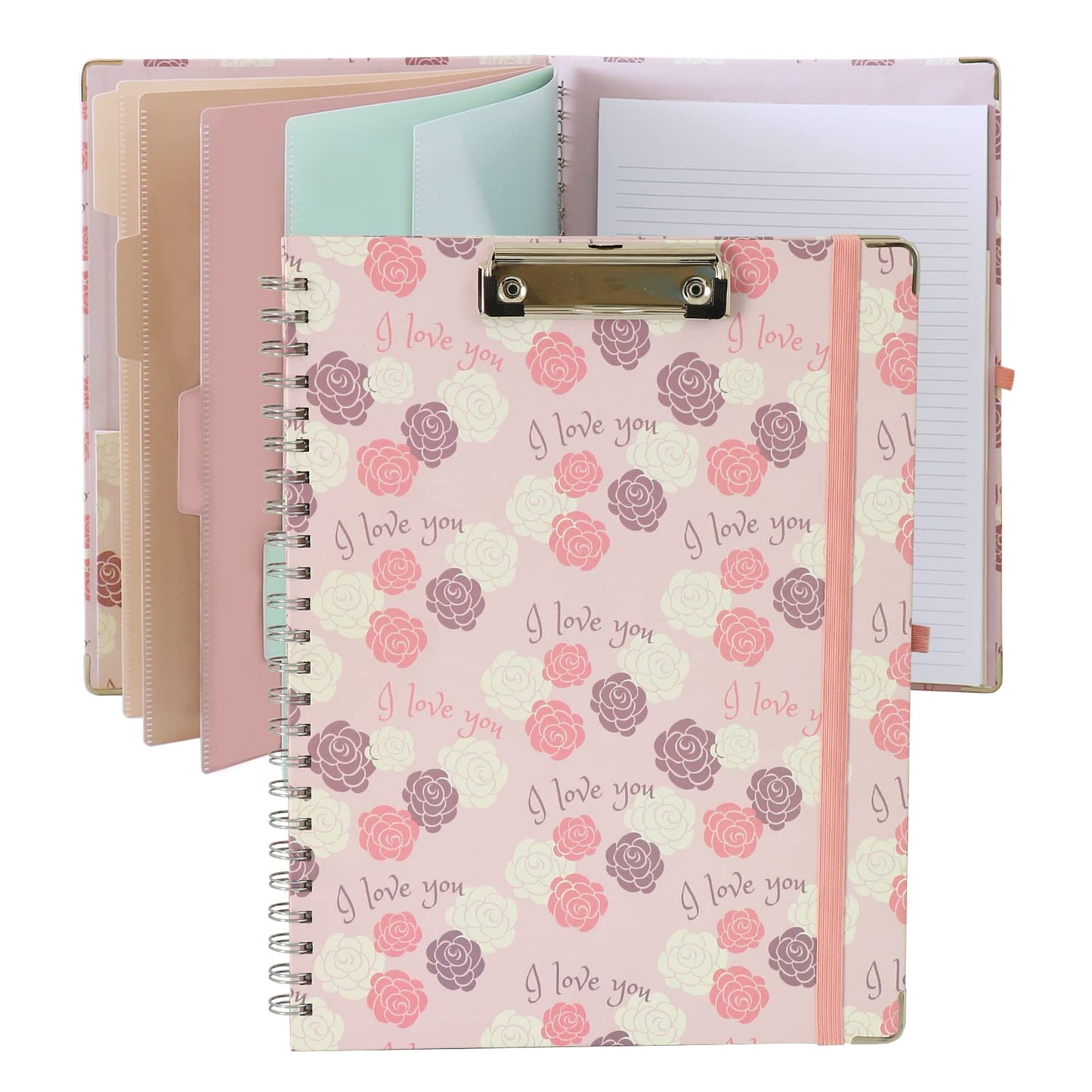 Clipboard Folio Spiral Folder Board,5 Extra Folders with 10 Storage Pockets,Refillable Lined Fillable Notepad,Folded Clipboard with Storage,Suitable for Office,School and Student (Pink Love Flower)