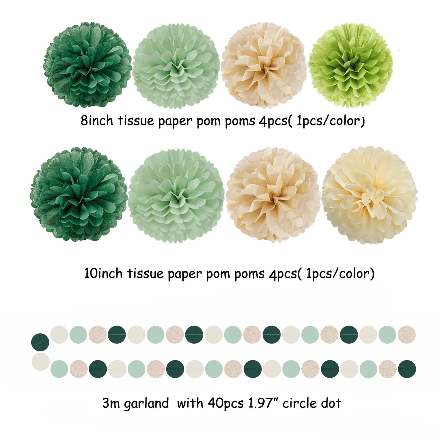 Sage-Olive Green Champagne-Gold Party Decorations - 30pcs Rustic Boho Wedding Paper Tissue Pom Poms Streamers,Tassel Garland Banner,Birthday Baby Bridal Shower Engagement Decor Lasting Surprise
