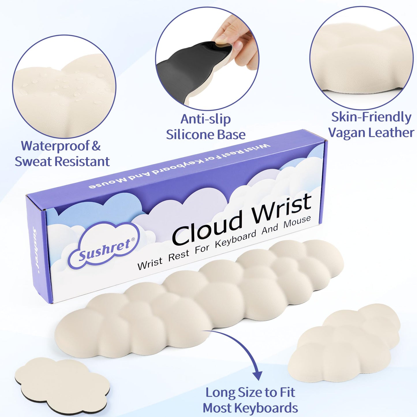 Sushret Cloud Wrist Rest Keyboard, Cloud Keyboard Wrist Pad Set with PU Leather Memory Foam, Cute Arm Rest for Palm Support, PC/Gaming Desk Accessories/Office Setup/Computer Hand Cushion - Beige