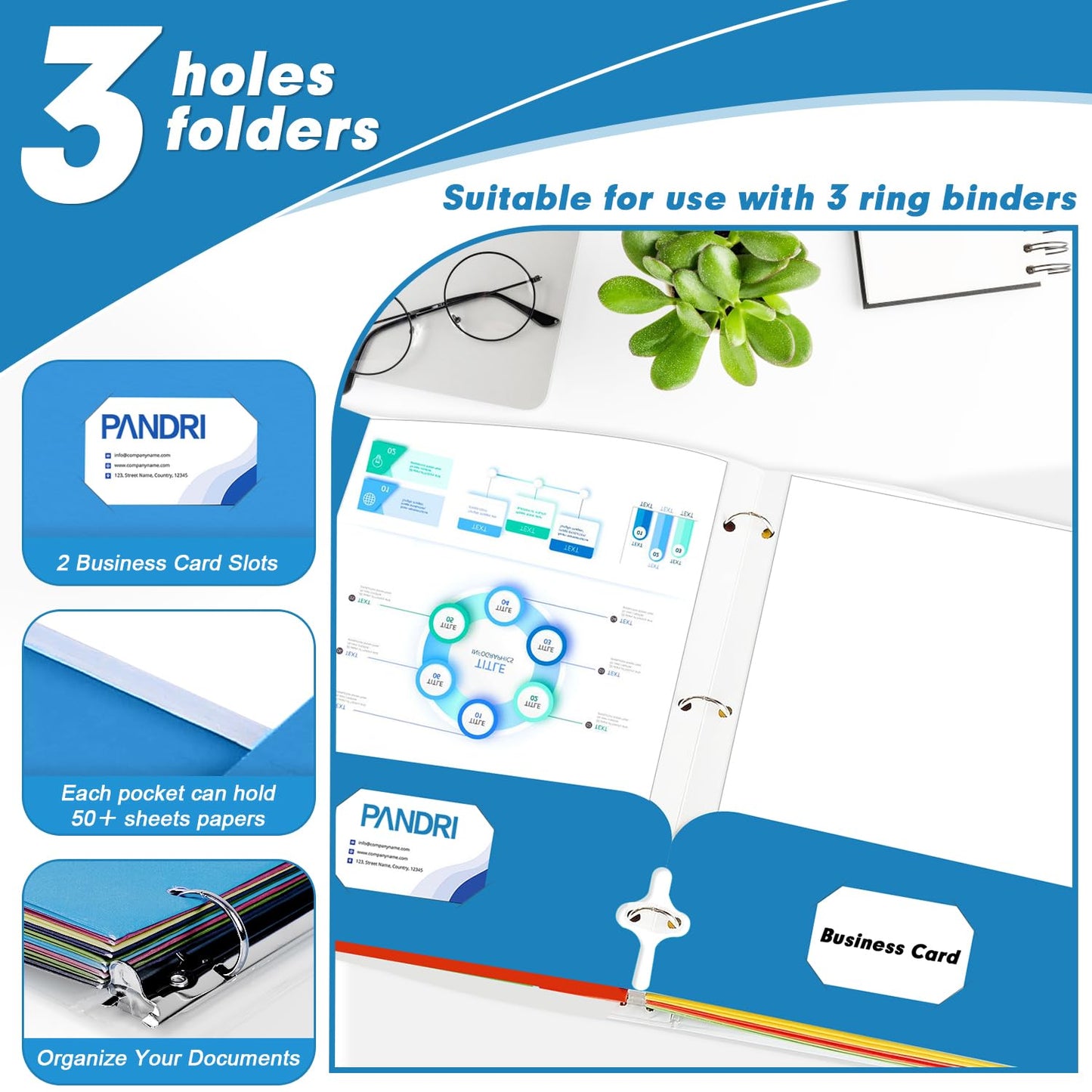 Two Pocket Portfolio Folders, PANDRI 60 Pack 3 Hole Punched 2 Pocket Folders for 3 Ring Binder, Letter Size Paper File Folder for School Office Home Business, Blue