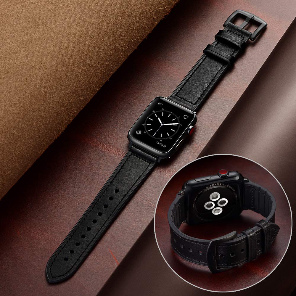 OUHENG Leather Bands Compatible with Apple Watch Band 49mm/46mm/45mm/44mm/42mm, Leather Rubber Hybrid Strap for iWatch Ultra 3/2/1 Series 11 10 9 8 7 6 5 4 3 2 1 SE 3/2/1, Black/Black