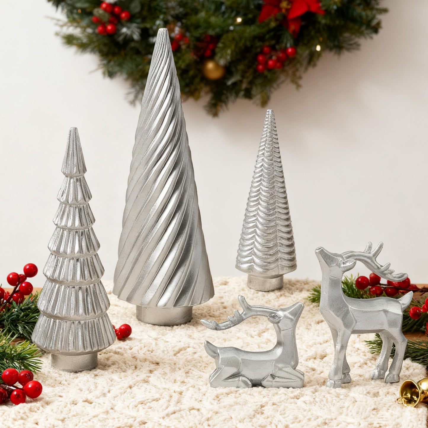 WDS WONDROUS Christmas Decor Trees and Reindeer Figurines Decoration- Sliver Set of 5 Christmas Tree Statues and Deer Decor Set, Resin Ornaments Tabletop Shelf Office Indoor