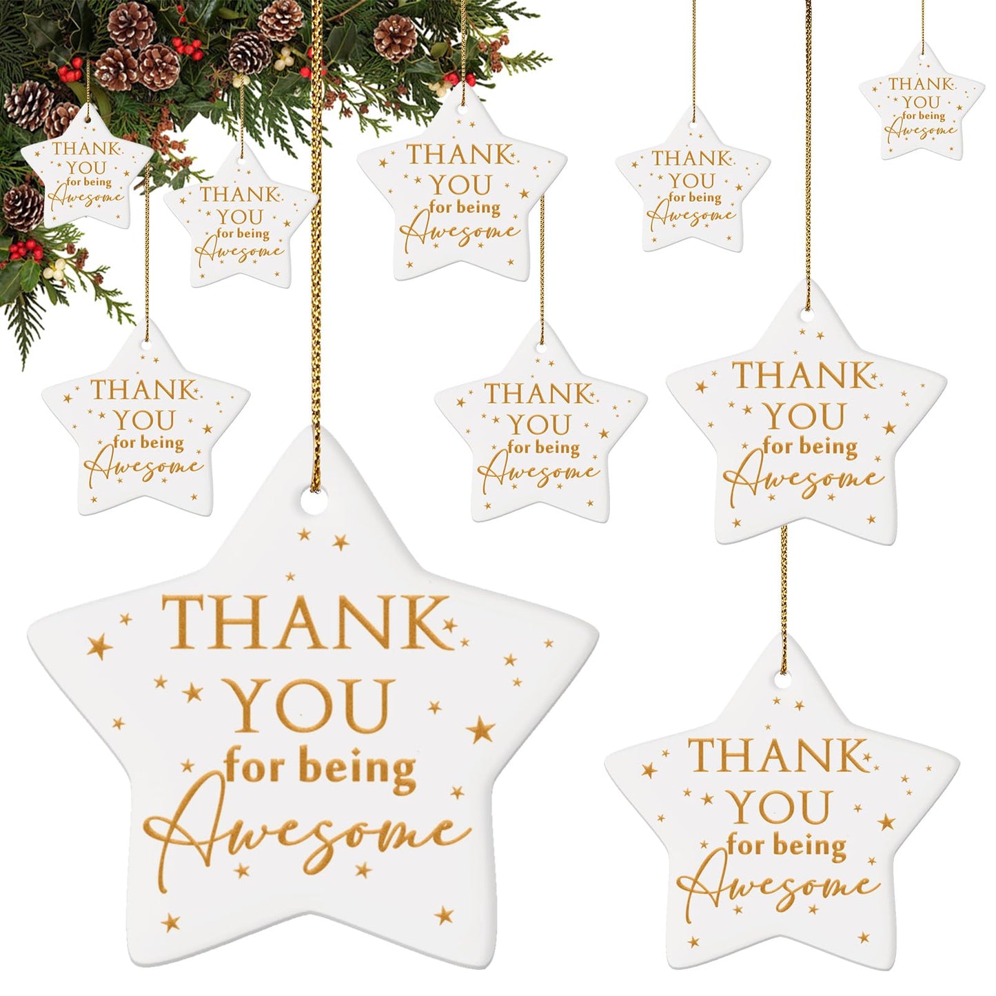 Sieral 10 Pcs Thank You Ornaments Bulk Christmas Office Gifts for Coworker Employee Star Ceramic Double Sided Thank You for Being Awesome Xmas Decor Inspirational Gift Teacher Nurse Team Customers