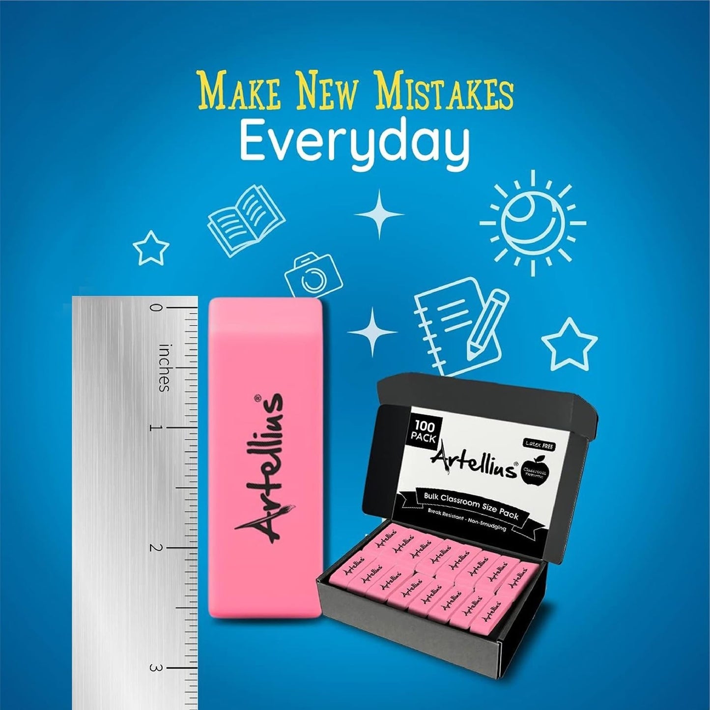 Artellius Pink Erasers | Latex & Smudge Free | Bulk School Supplies | Classrooms, Teachers, Homeschool, Office, Art Class | Large Size (Pack of 100)