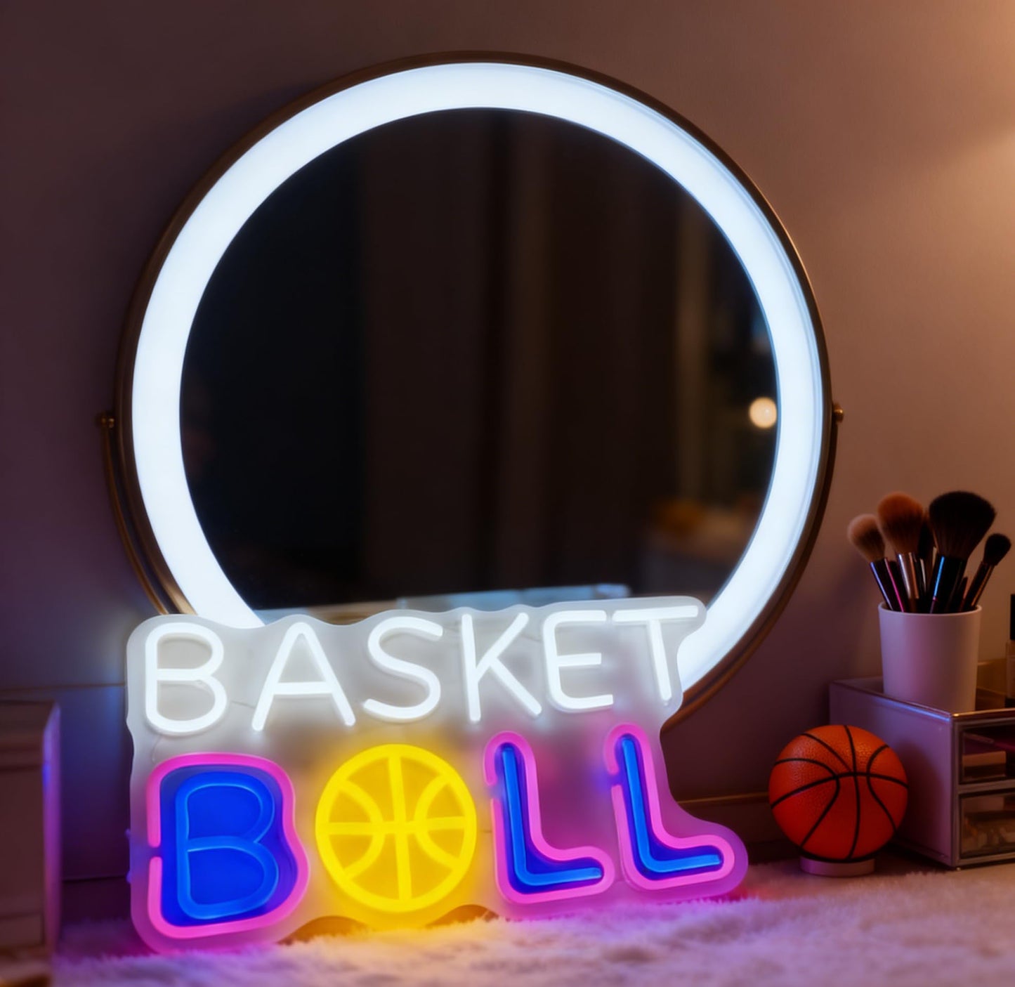 Basketball LED Neon Sign, Sports Theme Light Up Neon Sign, Teen Bedroom Game Room Home Wall Table Decor, Basketball Fan Birthday Party Gift, USB Powered Decorative Light 16.5 x 9.8 In