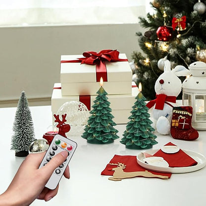 Christmas Tree Shaped LED Candles with Remote Timer, 2 Pcs Flameless Pillar Candles with Embedded String Lights, Battery Operated Flickering Green Candles for Christmas Home Décor