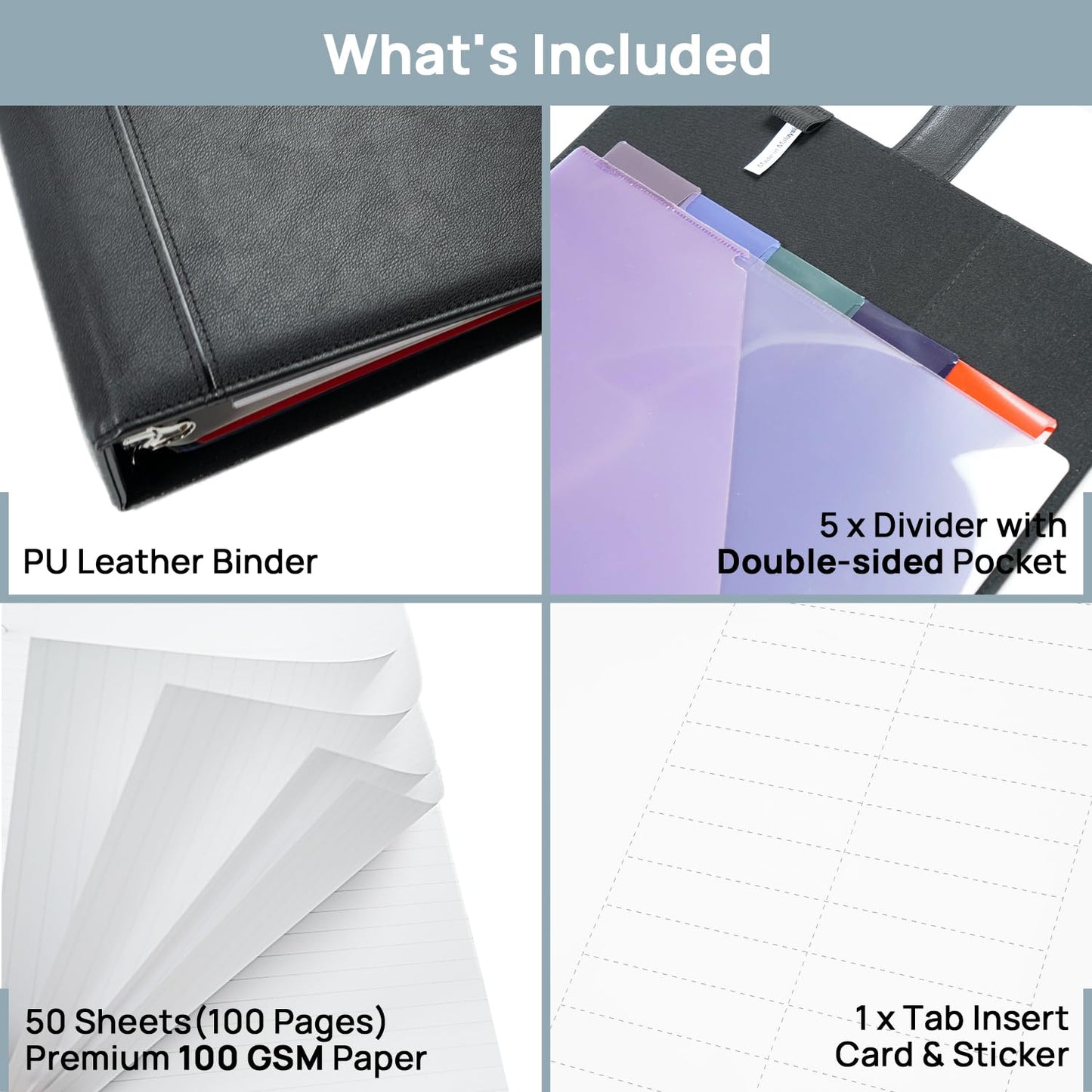 POPRUN PU Leather 2 Inch 3 Ring Binder, Professional Business Organizer- Includes PP Dividers, 100GSM / Grade AA Filler Papers, Card &Sticker for Tab- Ideal for Office Presentation Meetings, Black