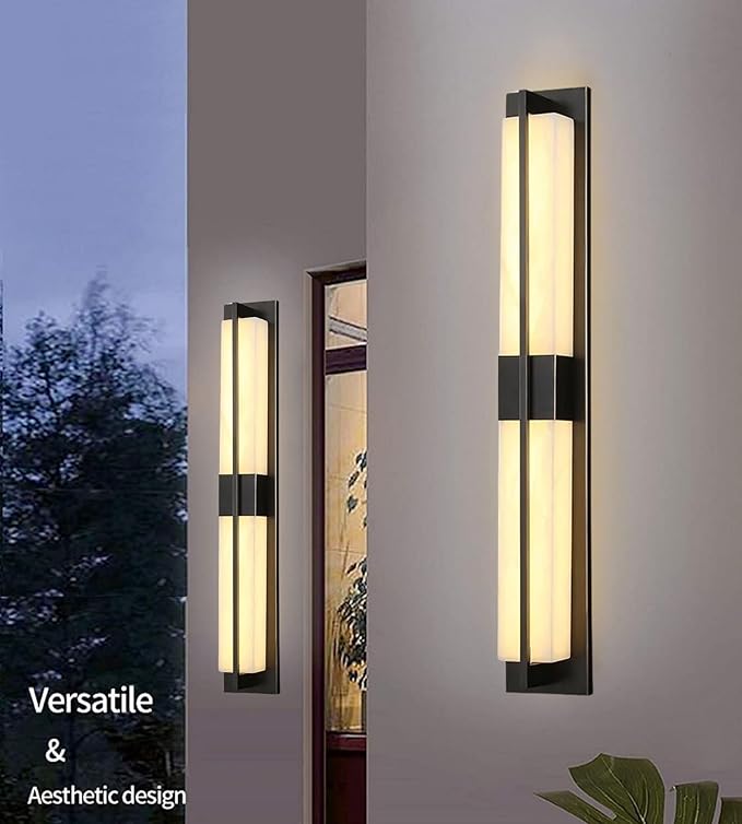 LED Outdoor Wall Lights Fixture Lamps. Modern Elegant Acrylic lampshade with Marble Texture, Aluminum Body. Exterior Black Sconce Wall Lantern IP65 Waterproof Anti Rust. (Modern LED Black 24''H, 12W)