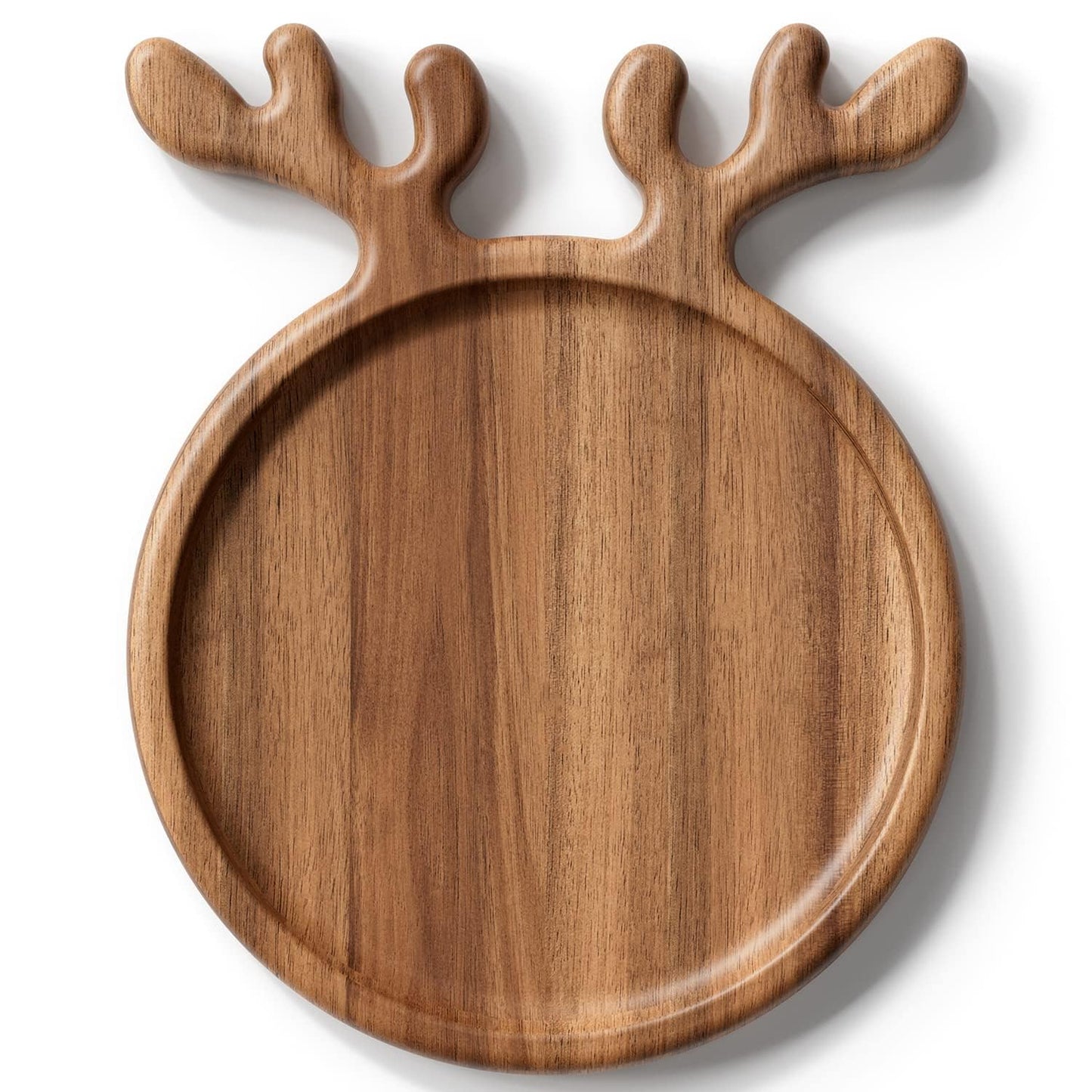 Dofira Acacia Wood Serving Platter, Christmas Decorative Reindeer Antler, 12"x10"Round Wooden Food Dish Display Plate, Charcuterie Board Tray for Cheese Fruit, Kitchen Gift for Mother’s Day (Gift Box)