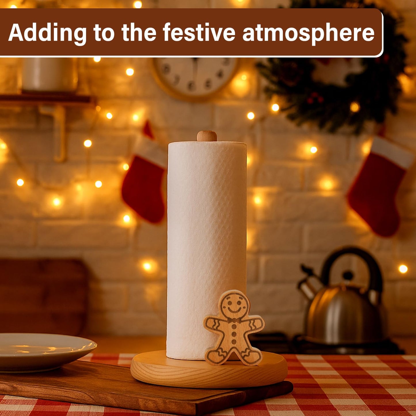 BrightRow Christmas Farmhouse Paper Towel Holder Wooden Decorative Paper Towel Holder Countertop Cute Decorative Rustic Kitchen Storage Gift for Xmas Home Bathroom Party(Gingerbread Man)