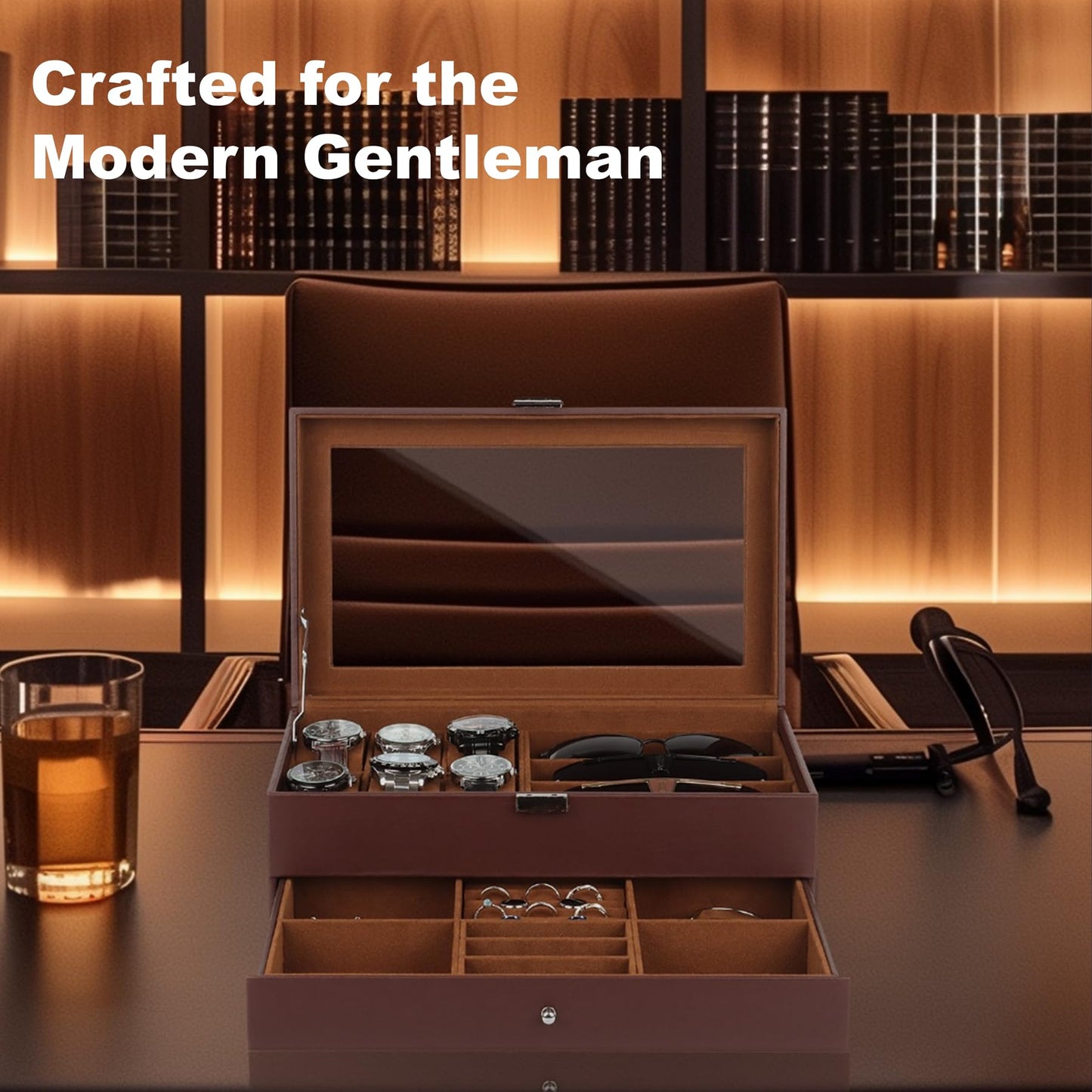 GLJ Jewelry Box for Men, 6 Slot Watch Box Jewelry Organizer With Drawer, Watch Case for Men with Large Window, 2-Layer Watch Holder, Sunglasses Storage Organizer, Velvet Lining, Fathers Day Gift