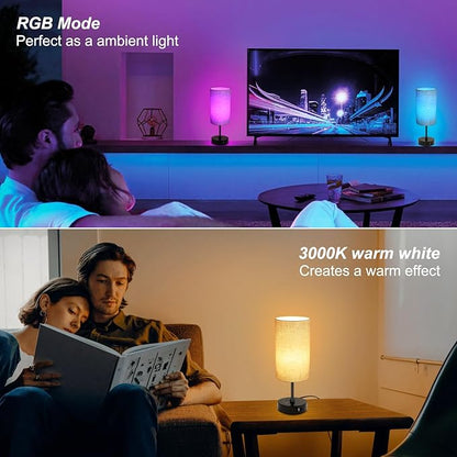 Ascher RGB Table Lamp Color Changing - 3 Color Temperatures and Stepless Dimmable Small Bedside Lamp for Bedroom, Touch Control Nightstand Light with Flaxen Shade for Reading Home Decor Lights