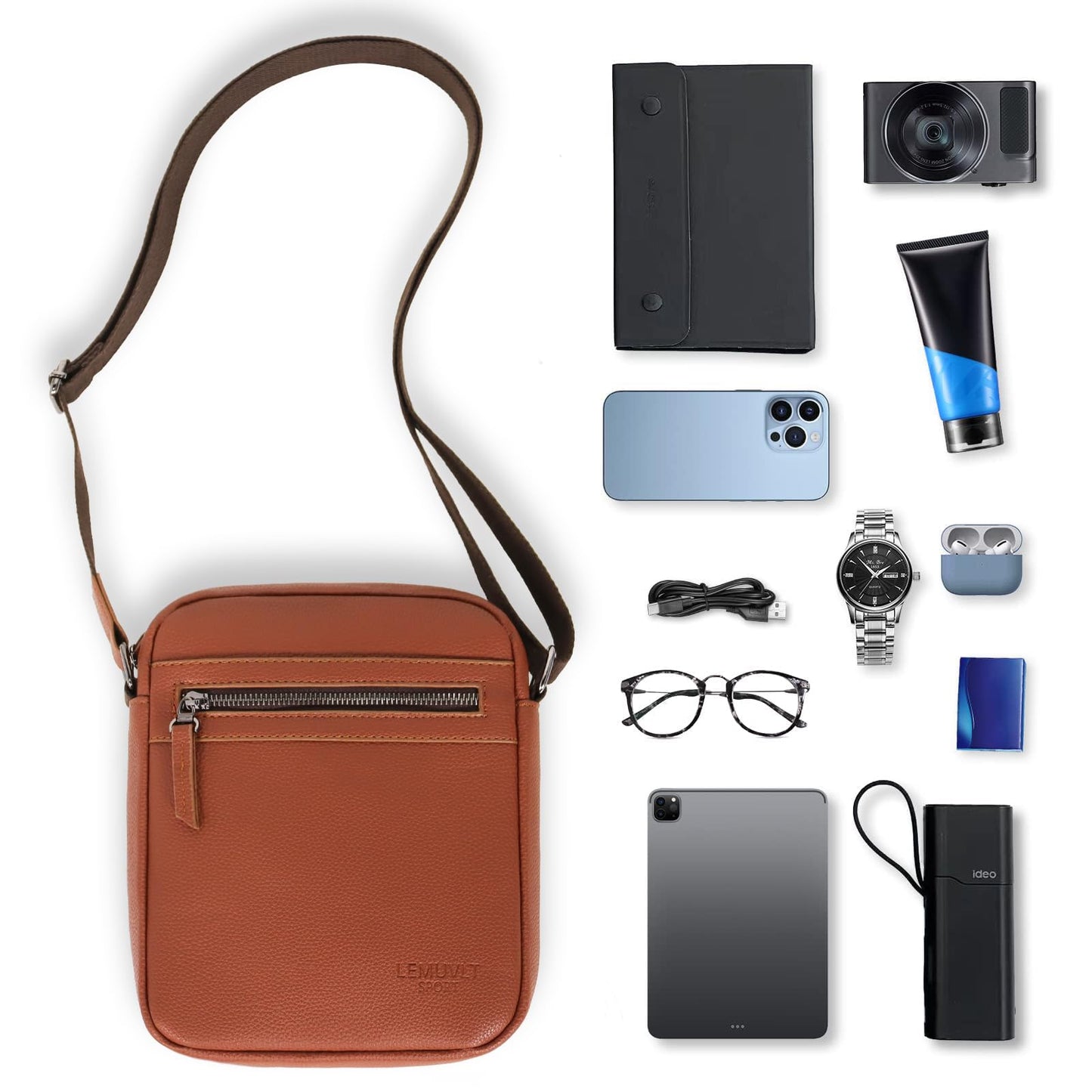 Lemuvlt Small Crossbody bag for men shoulder bag mens purse satchel leather messenger bag gift man(Brown)…