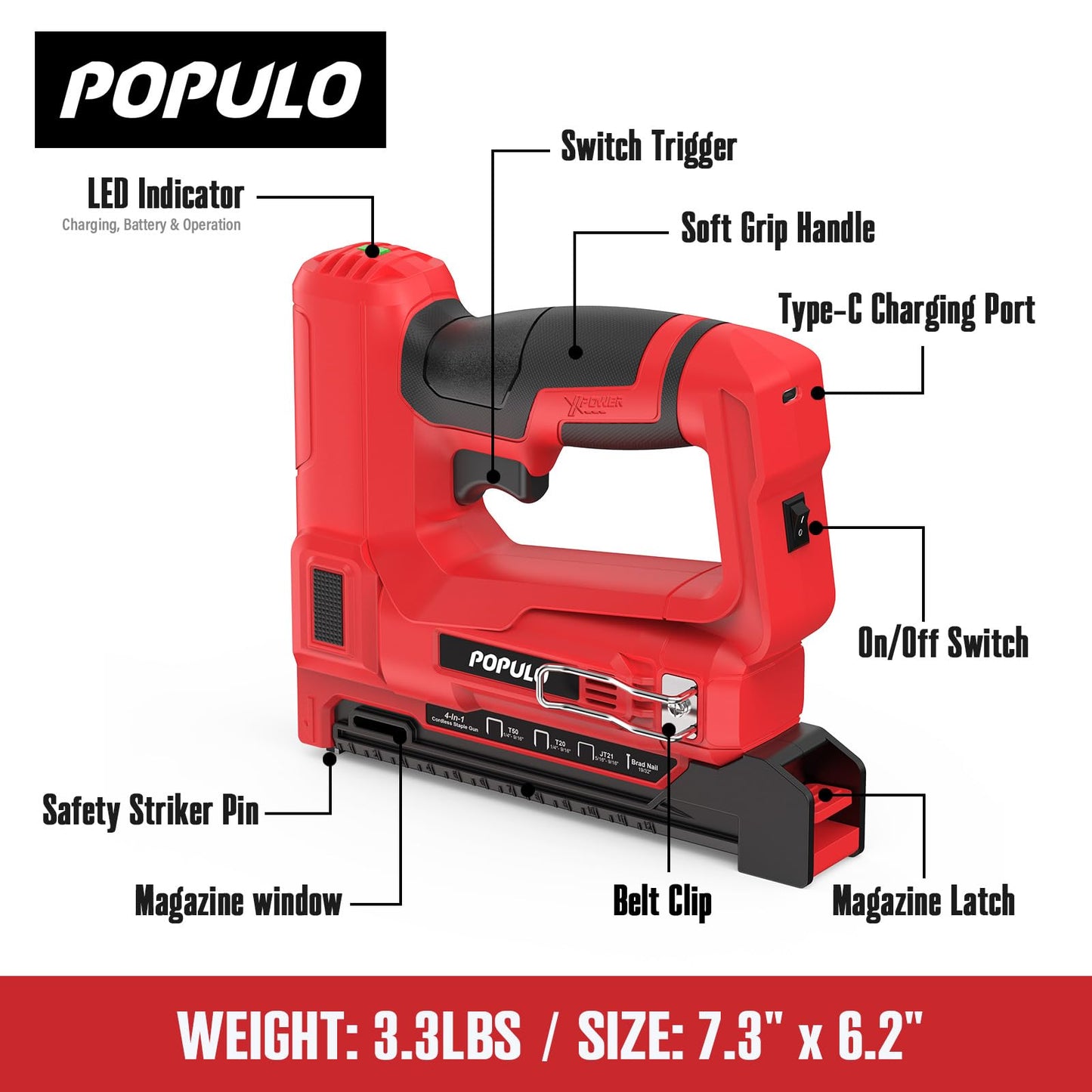 POPULO Electric Staple Gun 4 in 1 Cordless Stapler, 4V Rechargeable Band Nailer, Nail Gun Battery Powered with 2,000 Staples and Nails, Power Tacker Staple Gun for Wood, Upholstery, DIY